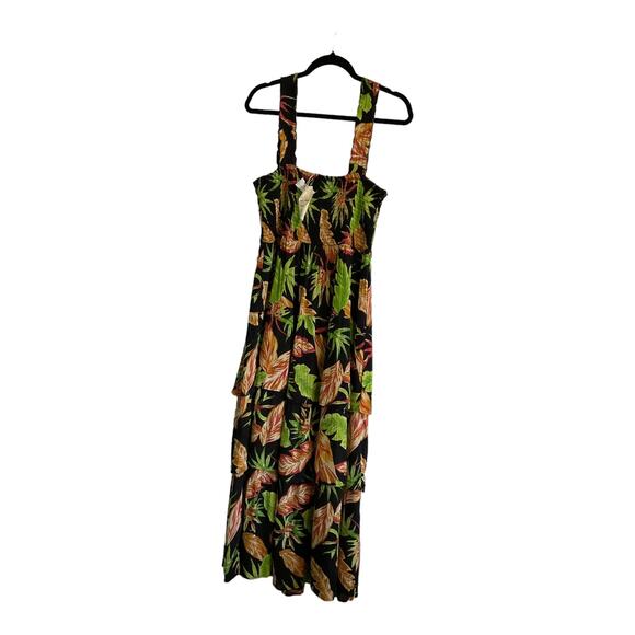 Kings Road Womens Tiered Tropical Midi Dress Smocking Bodice Empire Waist Size L - Picture 2 of 6